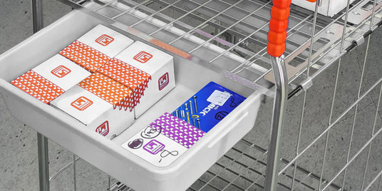 roll cage with 2 removable drawers open position in warehouse
