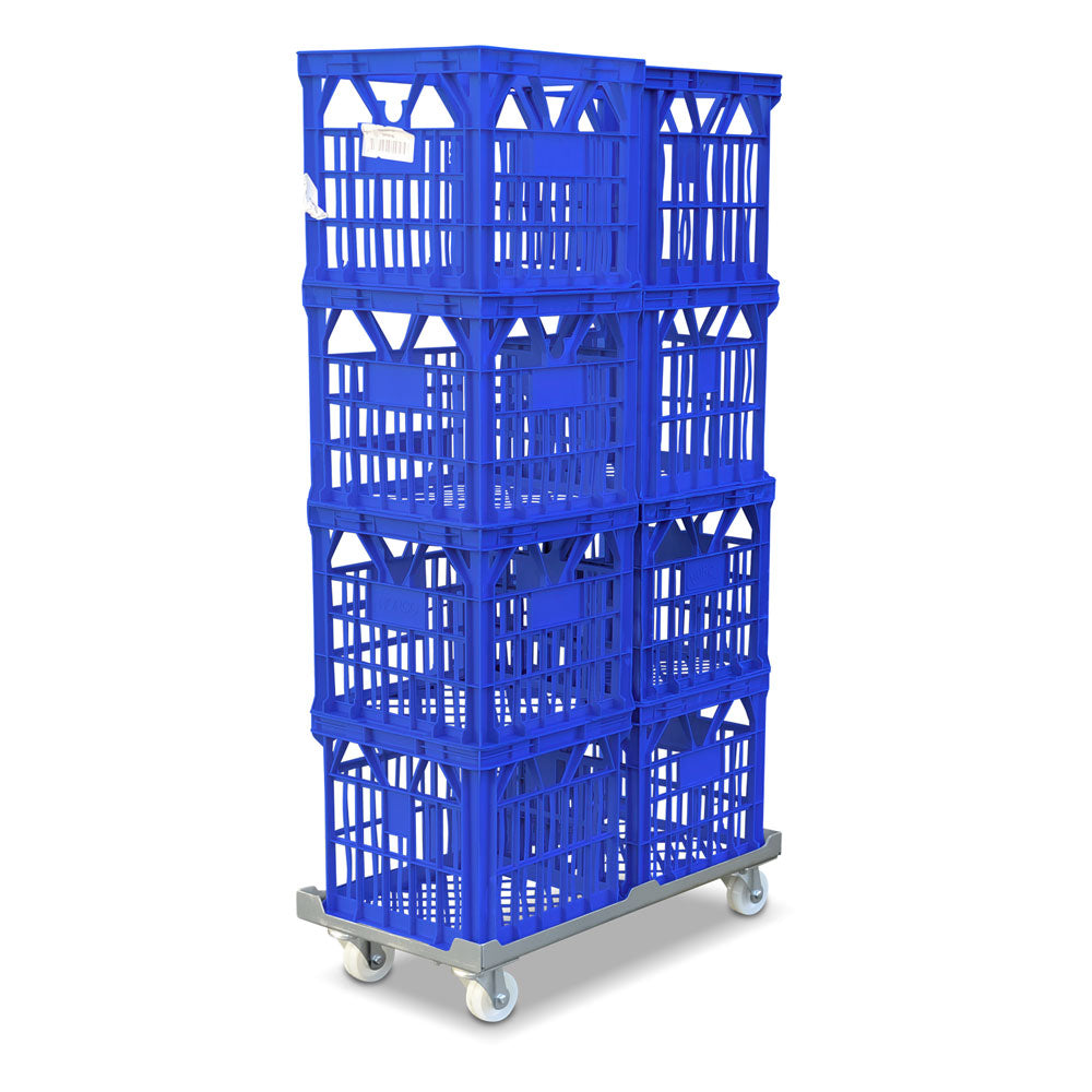 double dual steel metal milk crate dollie loaded with 8 milk crates