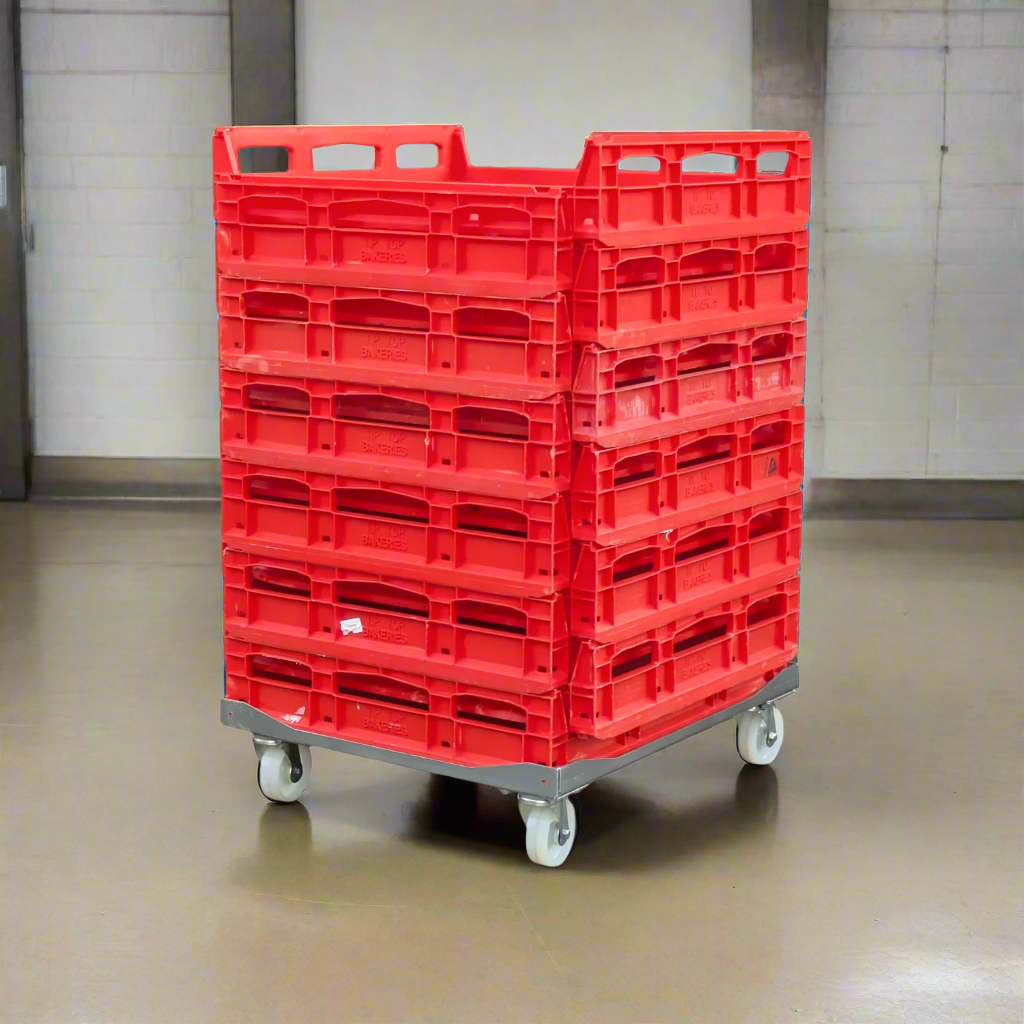 steel metal bread crate dollie in supermarket back of house bakery