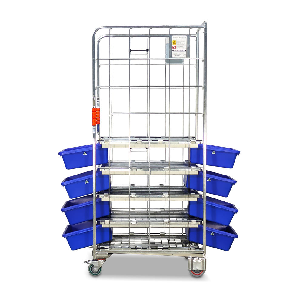 Kanban kitting roll cage trolley side view drawers open