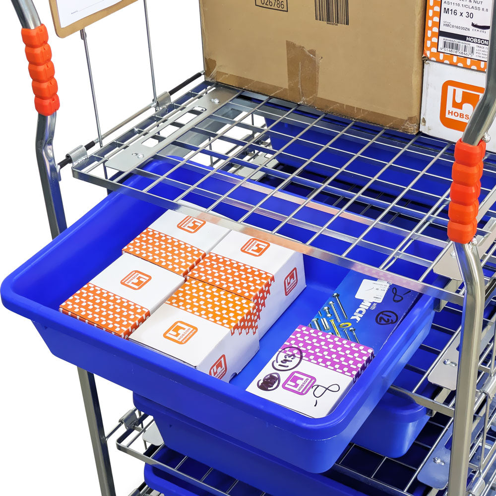 Kanban kitting roll cage trolley top down view drawer open with small cartons and parts