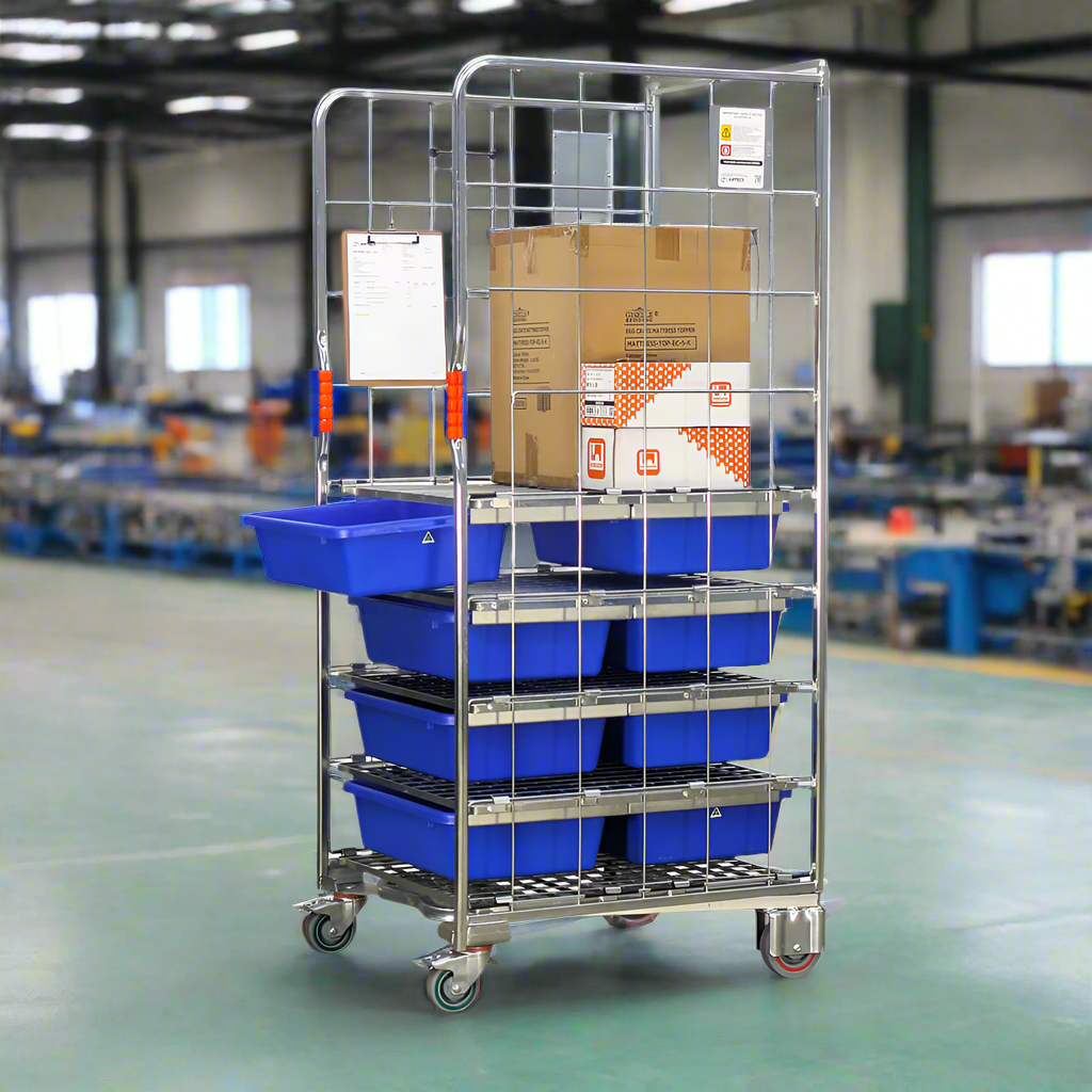 Kanban kitting roll cage trolley inside assembly factory 1 drawer open