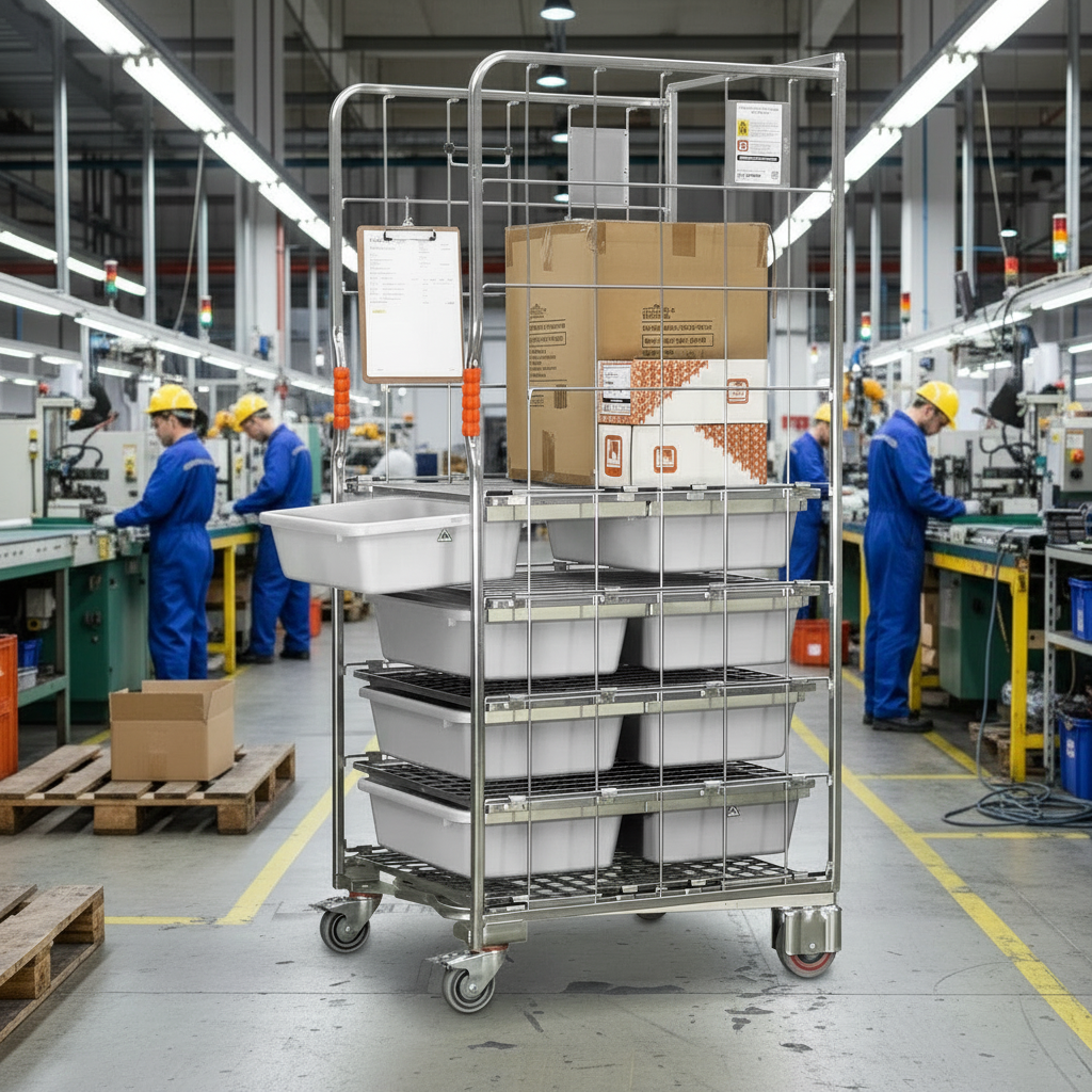 kitting trolley with drawers in a workshop assembly line