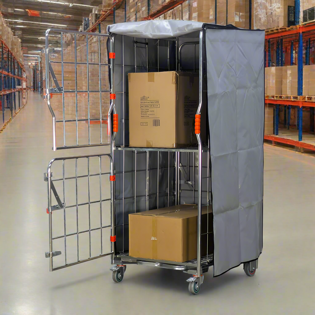 tarpaulin roll cage cover open in warehouse