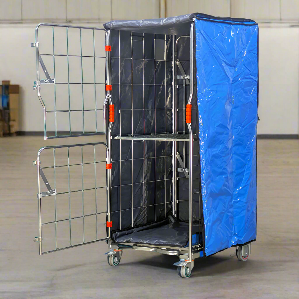roll cage cover thermal cold chain open in warehouse