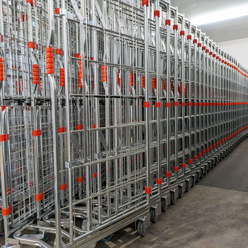 nested roll cages in warehouse