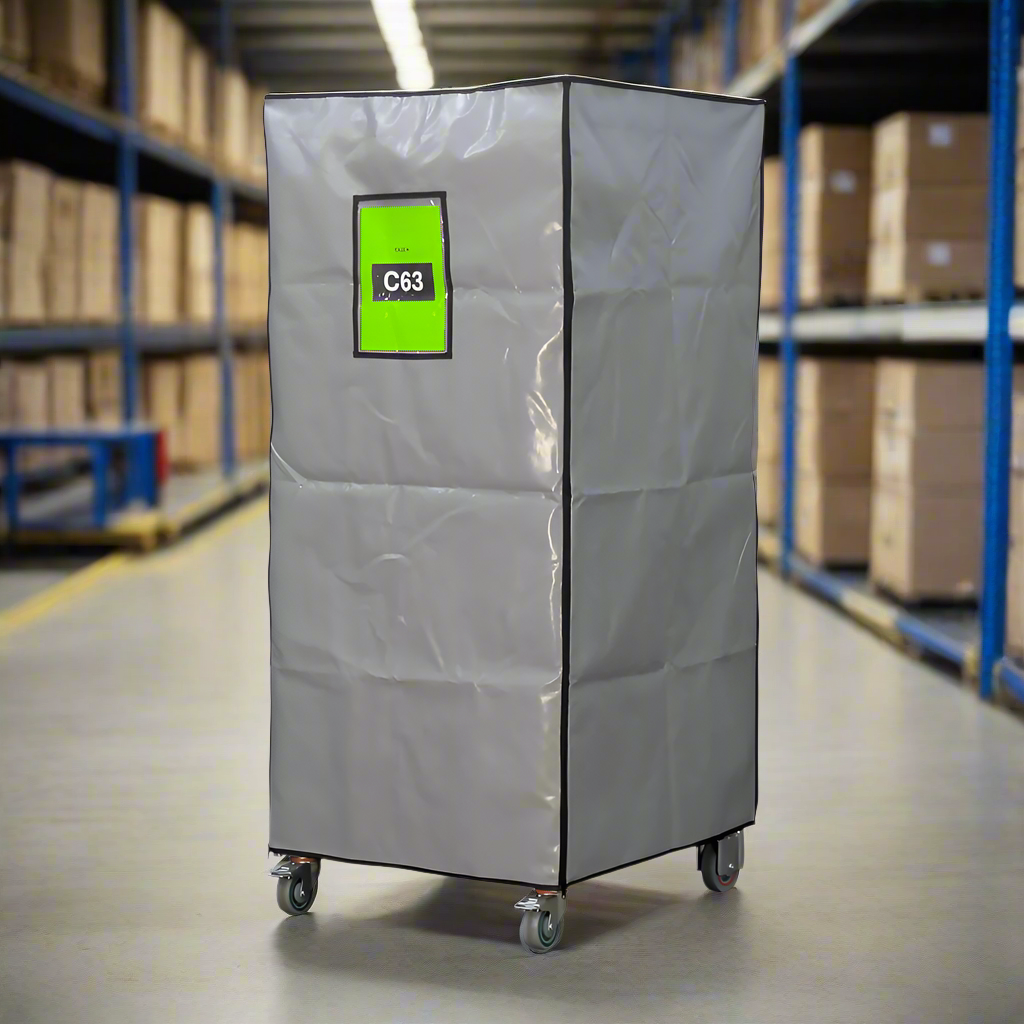 tarpaulin roll cage cover closed in warehouse