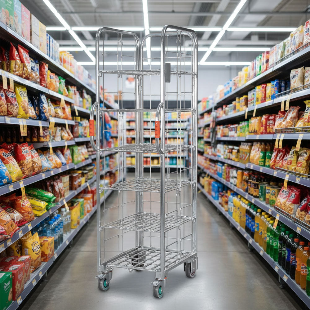 Narrow aisle ecommerce order picking and fulfilment roll cage trolley with 5 shelves. 710mm(L) x 480(W) x 1,735mm(H)