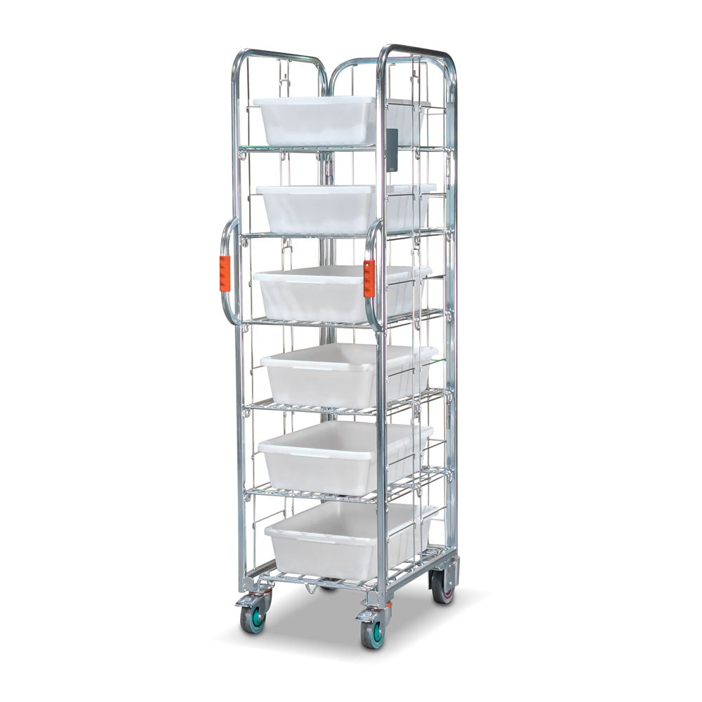 Narrow aisle ecommerce order picking and fulfilment roll cage trolley with 5 shelves and 6 totes. 710mm(L) x 480mm(W) x 1,735mm(H)