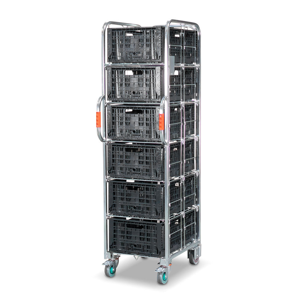 Narrow aisle ecommerce order picking and fulfilment roll cage trolley with 5 shelves and 6 collapsible crates. 710mm(L) x 480mm(W) x 1,735mm(H)