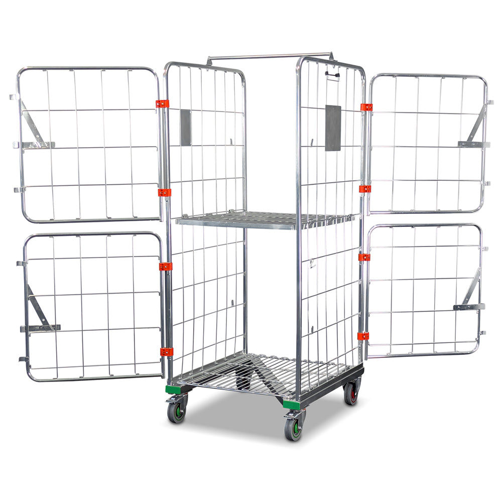 Z-base roll cage with folding middle shelf and split doors open