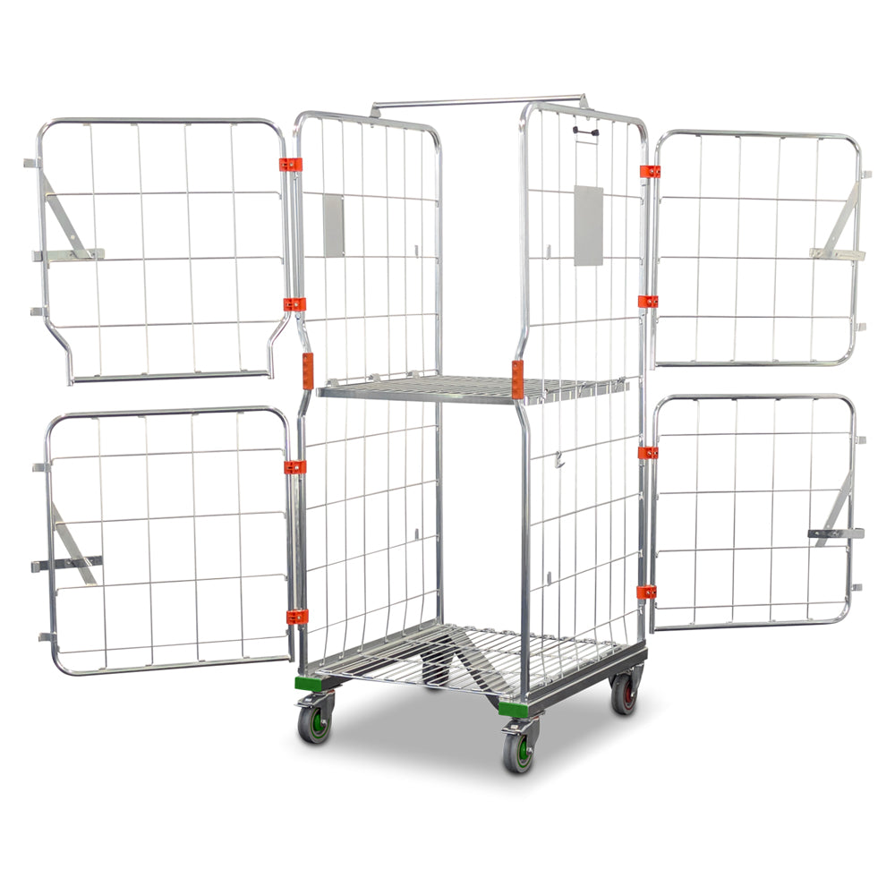 Z-base roll cage with folding middle shelf and split doors open