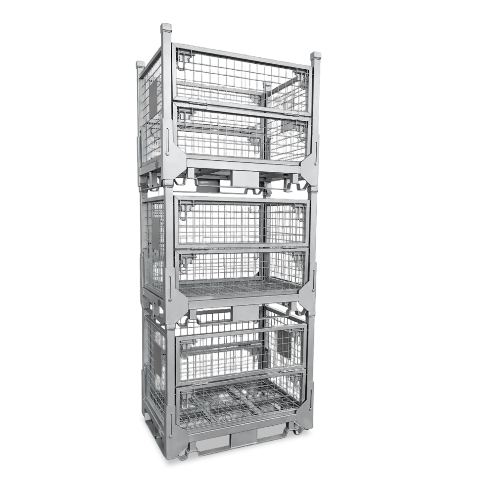 multiple stillage cages stacked empty
