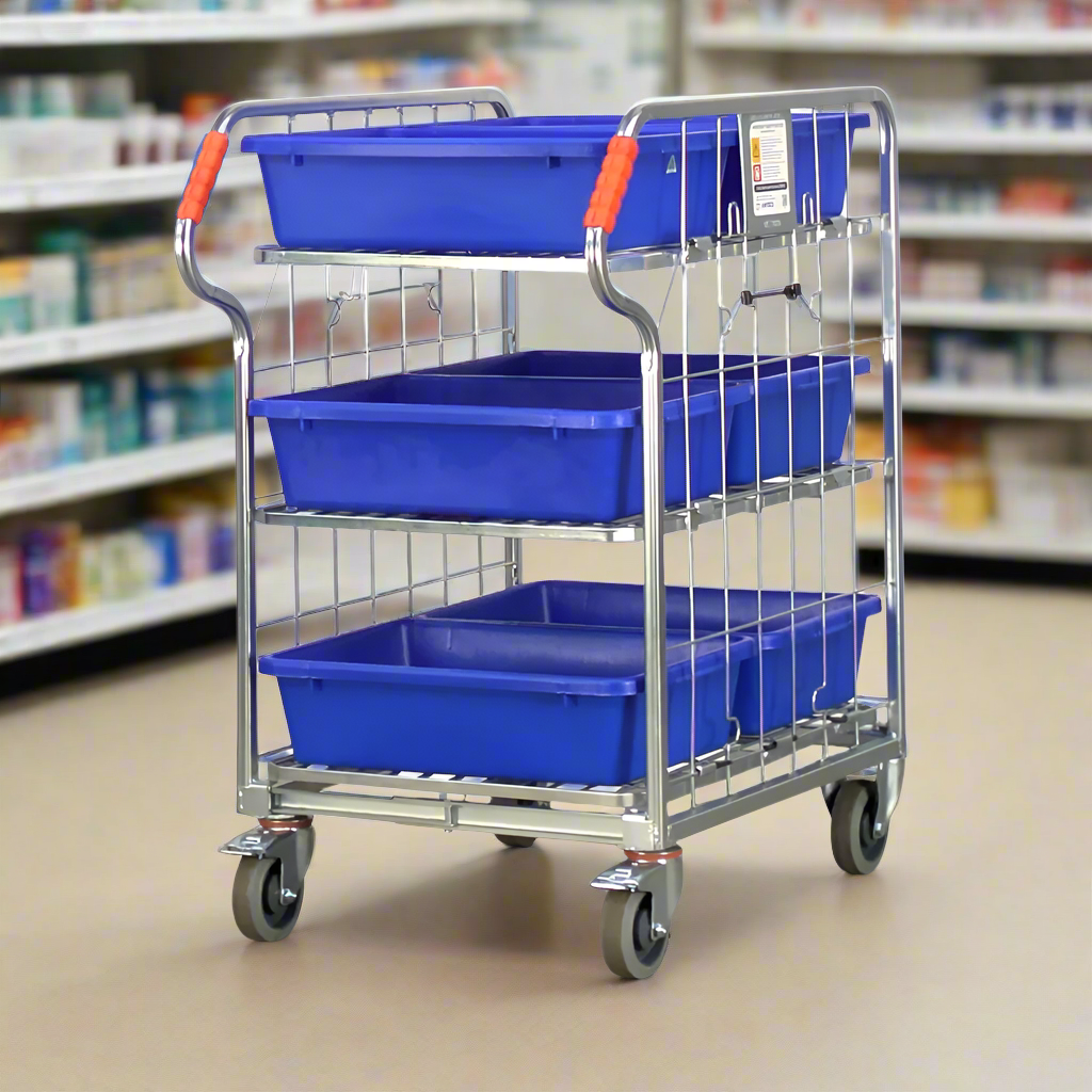 replenishment trolley used in a pharmacy chemist using 6 totes