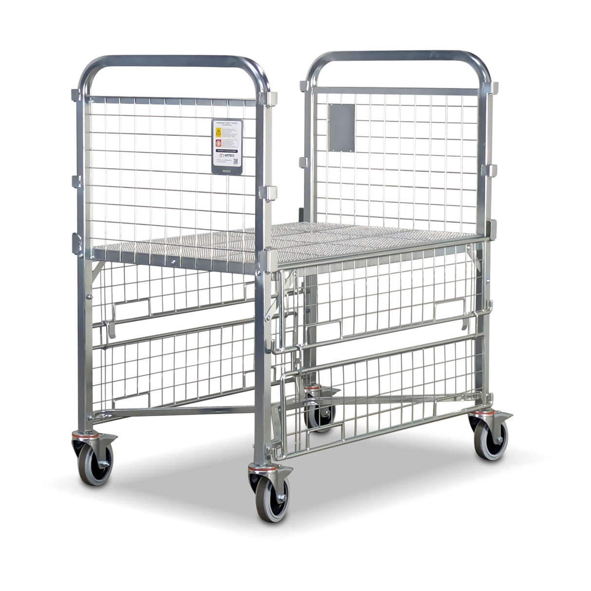mesh cage trolley with folding doors all the way down. clear access from both sides