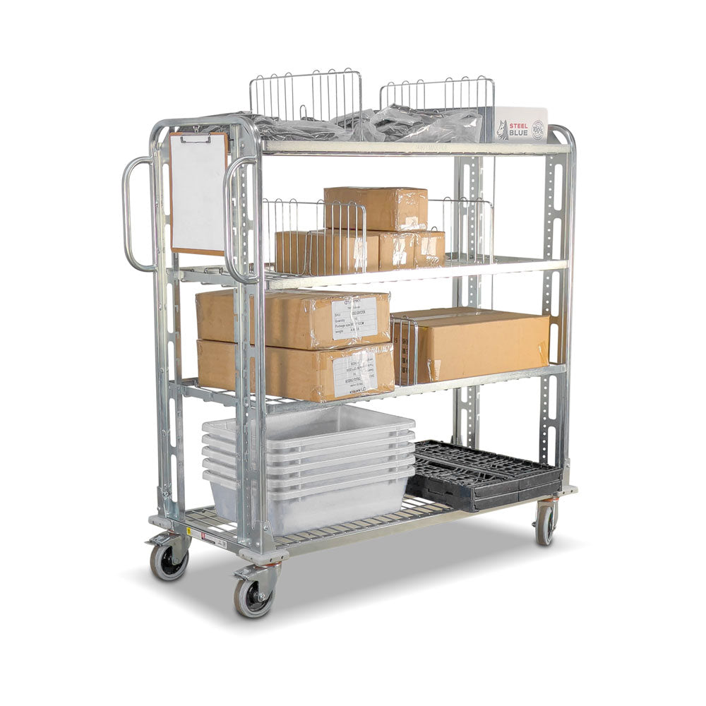 Metal storage trolley with shelves and dividers holding boxes and bins on a white background