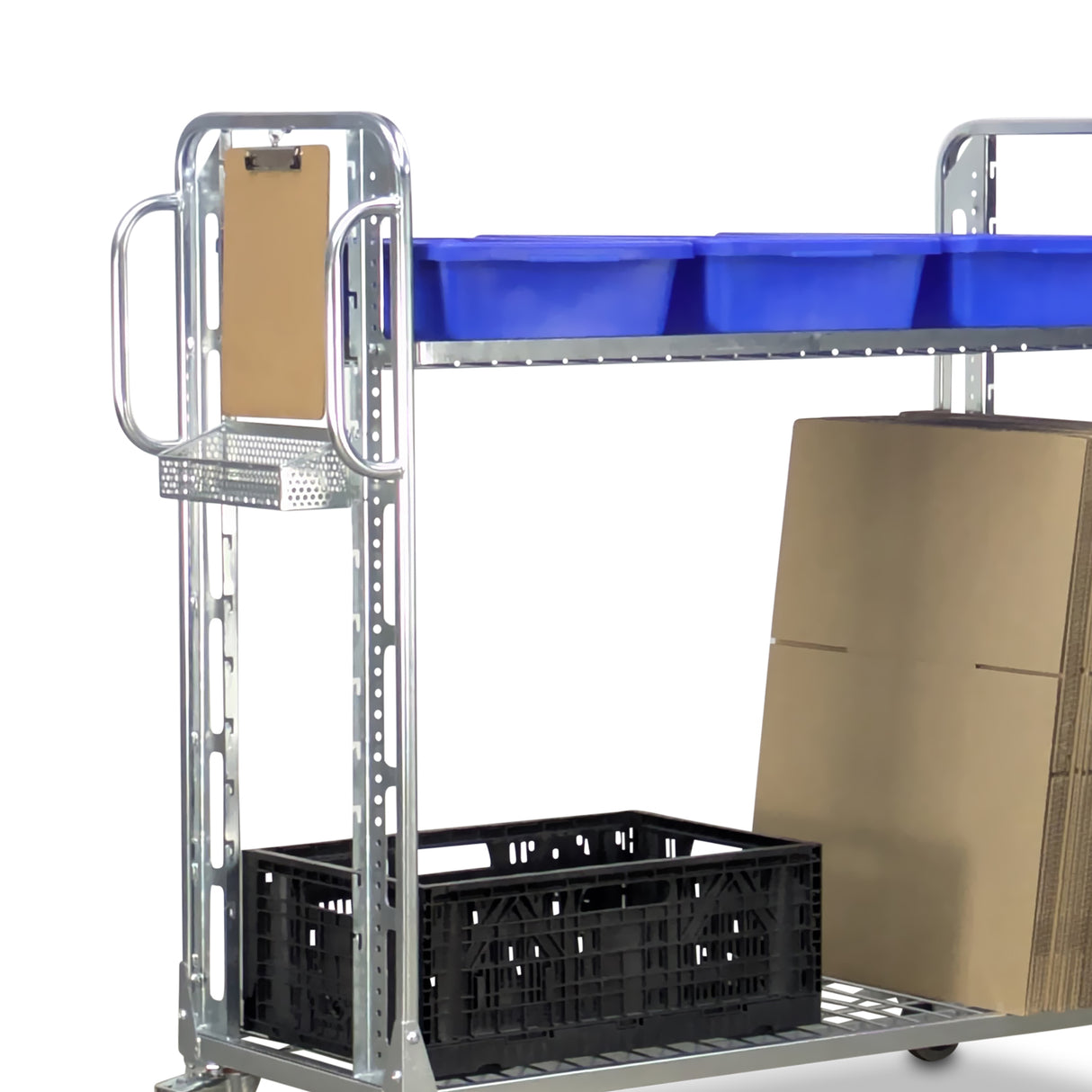 TRS02 trolley with clipboard, basket, tubs and cardboard