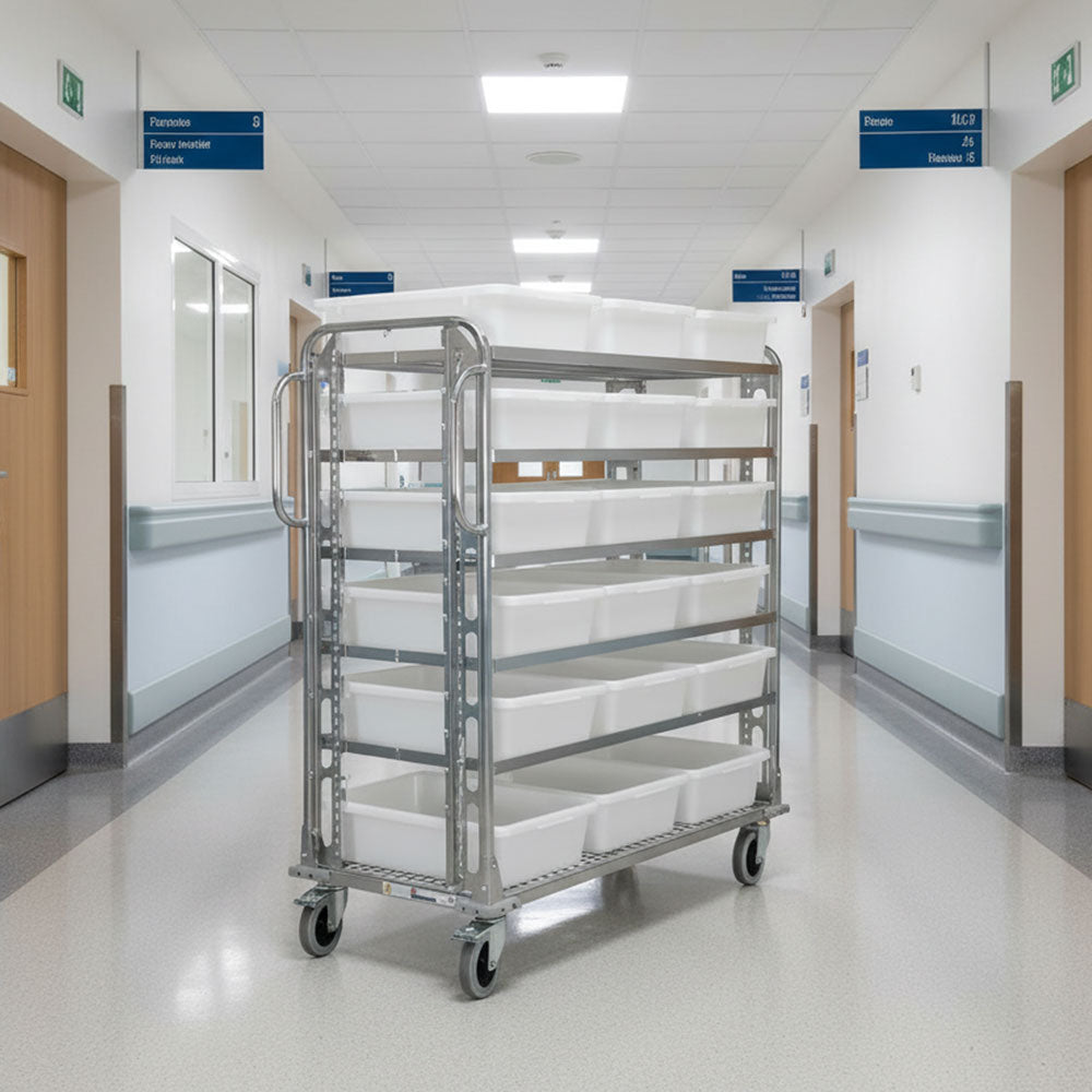 personals trolley with 18 linen totes in a hospital hallway
