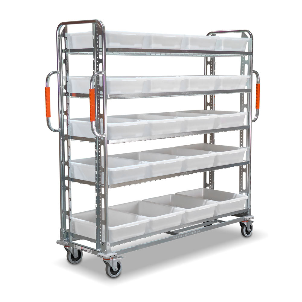 large jumbo order picking trolley with level shelves and 20 totes