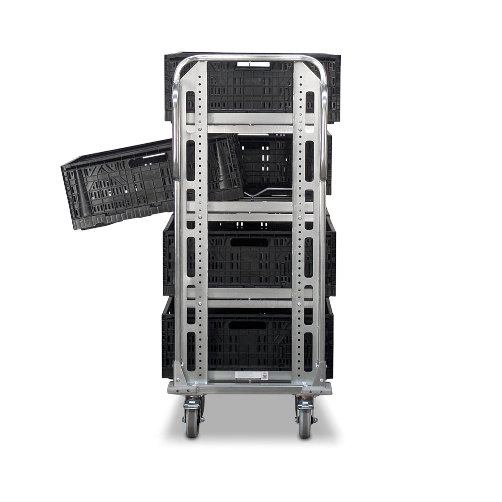 order picking trolley with 8 collapsible tote crates - end view with a crate half out left side