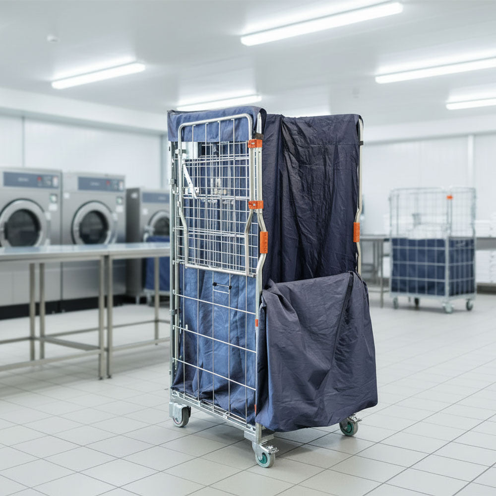 roll cage with a liner bag ready to be loaded in a commercial laundry