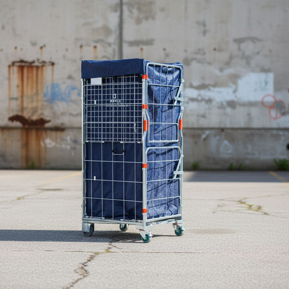 a roll cage trolley with a linen bag ready to be collected