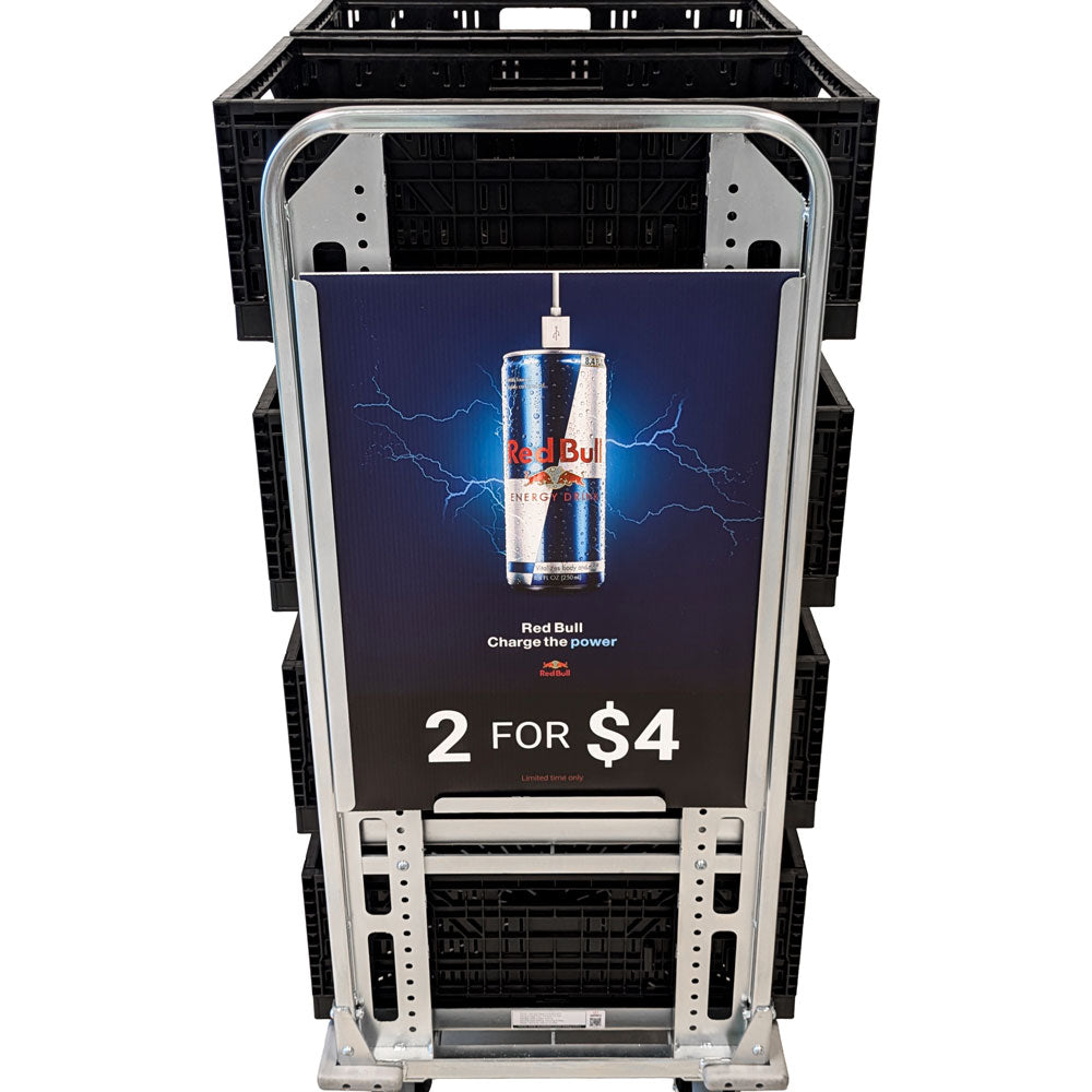 signage holder for order picking trolley with product advertisement front view