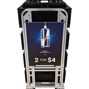 signage holder for order picking trolley with product advertisement front view