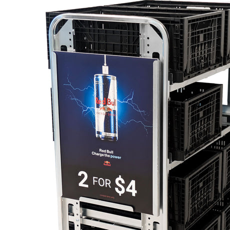signage holder for order picking trolley with product advertisement