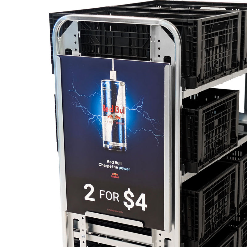 signage holder for order picking trolley with product advertisement