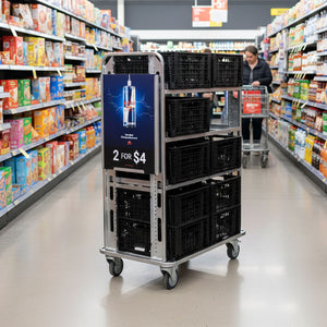 signage holder for order picking trolley with product advertisement in supermarket