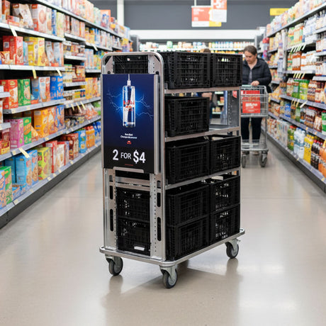 signage holder for order picking trolley with product advertisement in supermarket