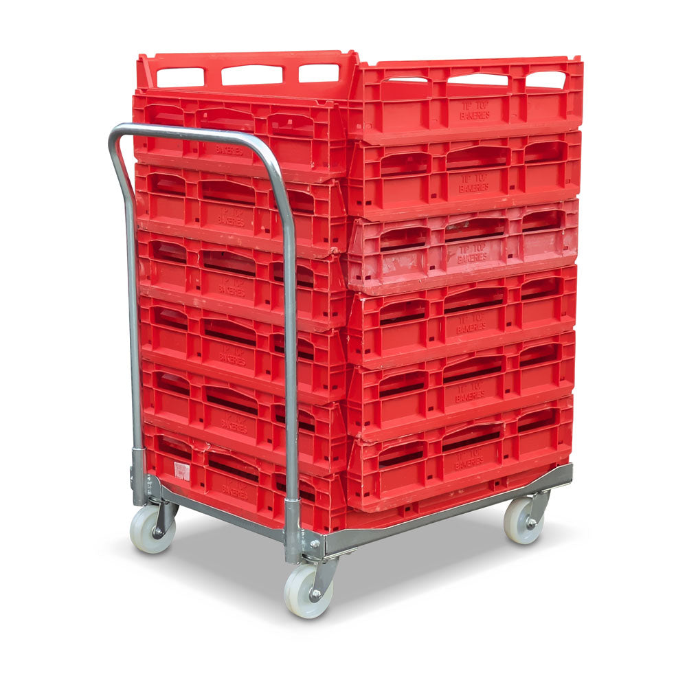 Stack of red bread crates on a metal DLY02-01 dollie with a detachable handle