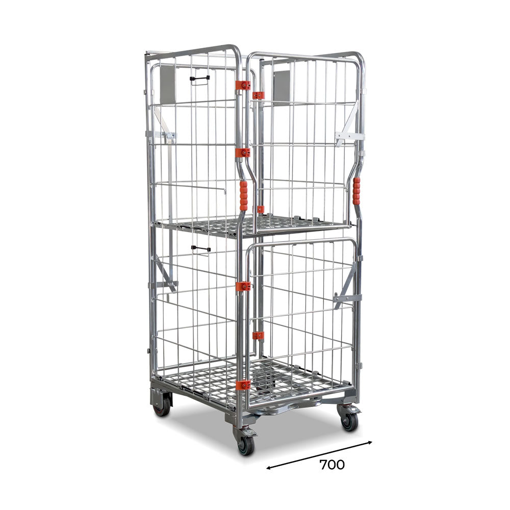 A base roll cage. 4 sided with base and mid shelves. Full height and split doors. Narrow