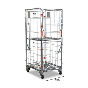 A base roll cage. 4 sided with base and mid shelves. Full height and split doors. Narrow