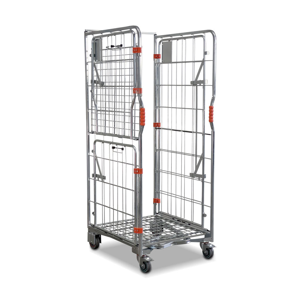 A base roll cage. 4 sided with base and mid shelves. Full height and split doors. Narrow