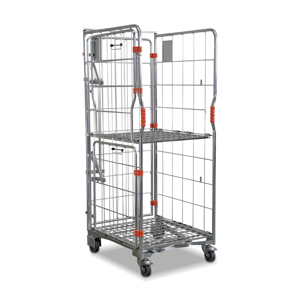 A base roll cage. 4 sided with base and mid shelves. Full height and split doors. Narrow