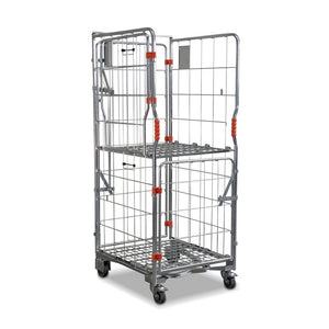 A base roll cage. 4 sided with base and mid shelves. Full height and split doors. Narrow