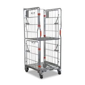 A base roll cage. 4 sided with base and mid shelves. Full height and split doors. Narrow