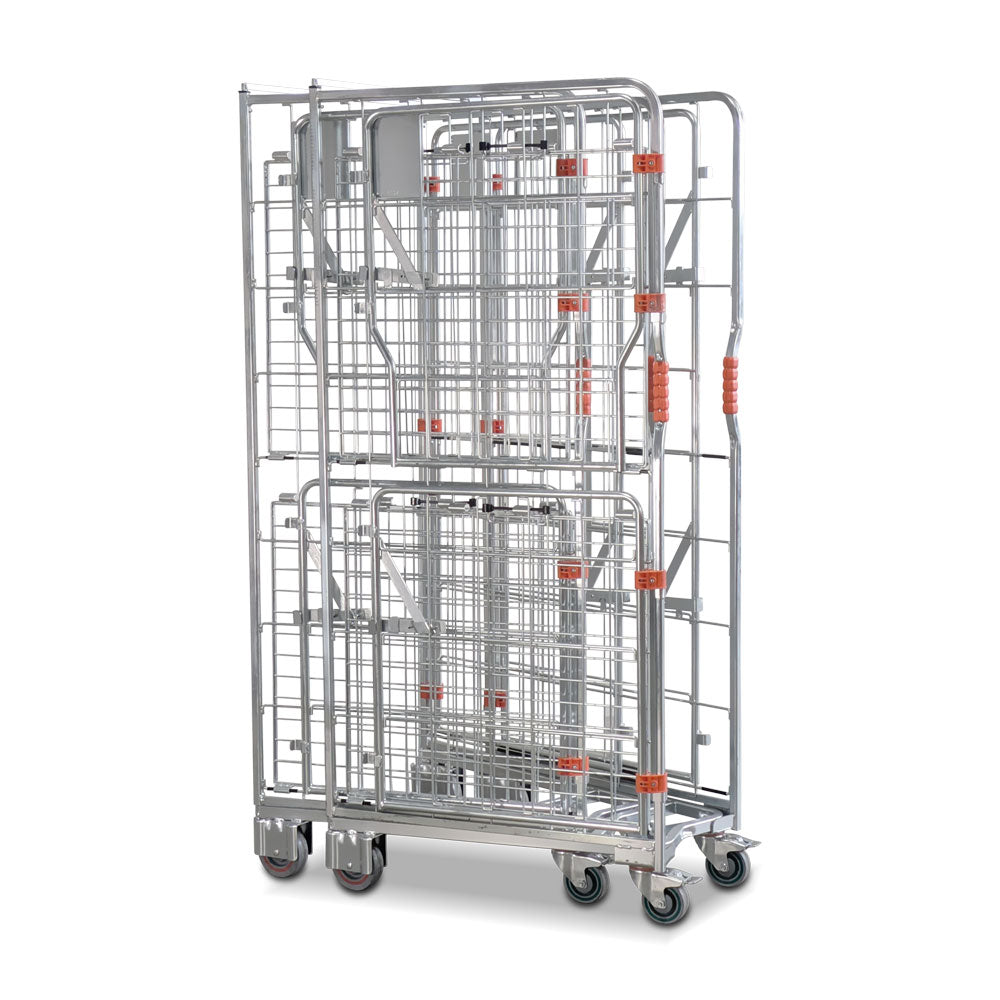 A base roll cage. 4 sided with base and mid shelves. Full height and split doors. Narrow