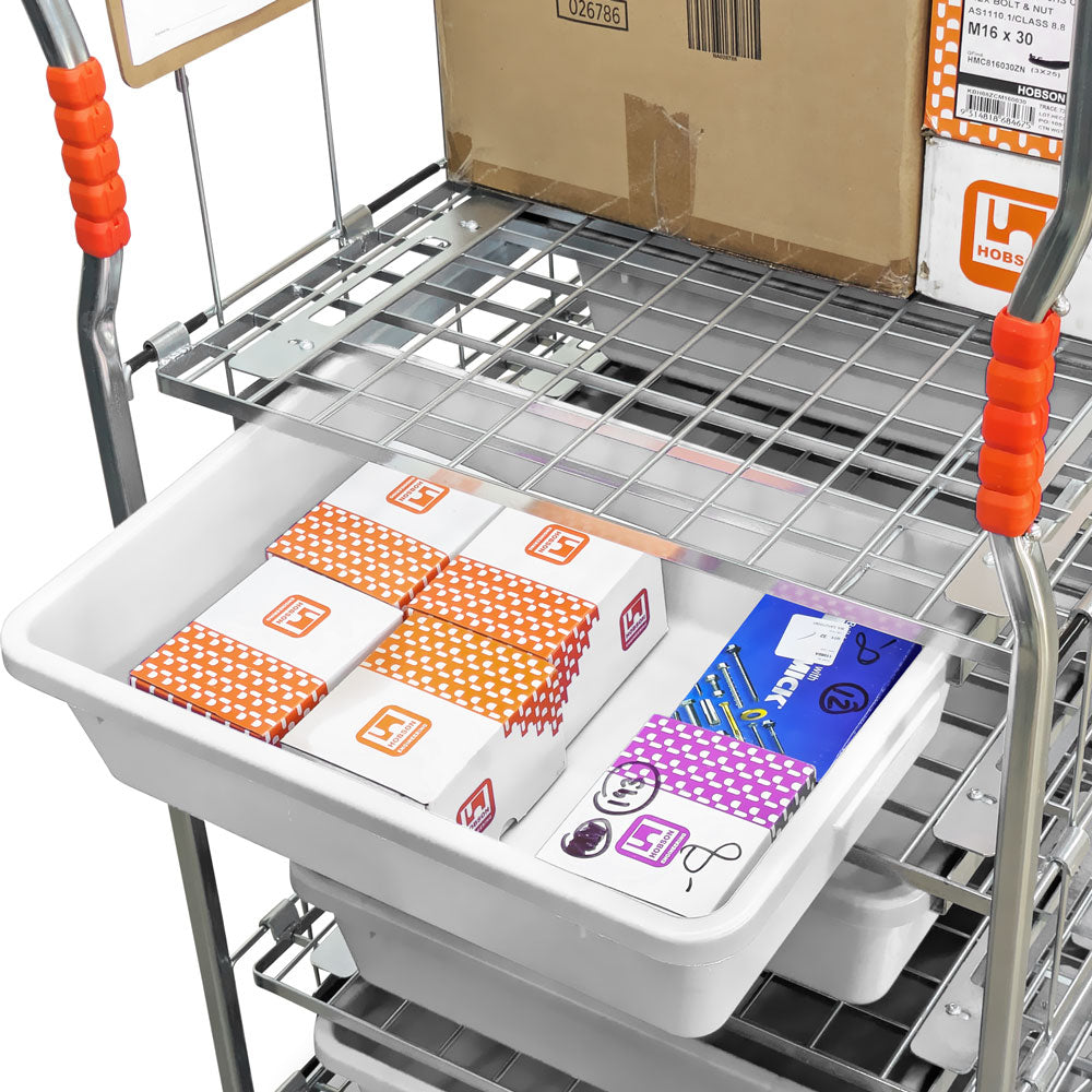 kitting trolley drawer open with boxes of parts