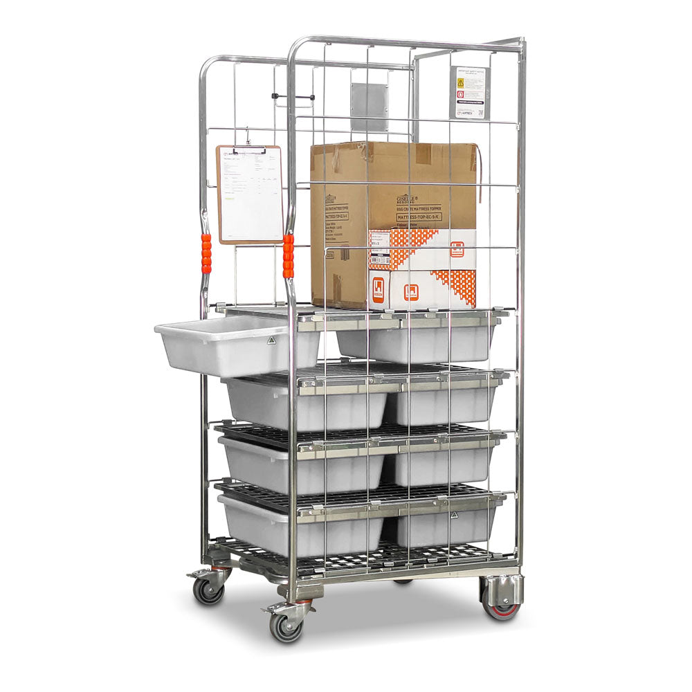 Mobile distribution trolley with 8 removable tote drawers