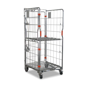 A base roll cage. 4 sided with base and mid shelves. Full height and split doors.