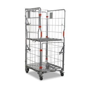 A base roll cage. 4 sided with base and mid shelves. Full height and split doors.