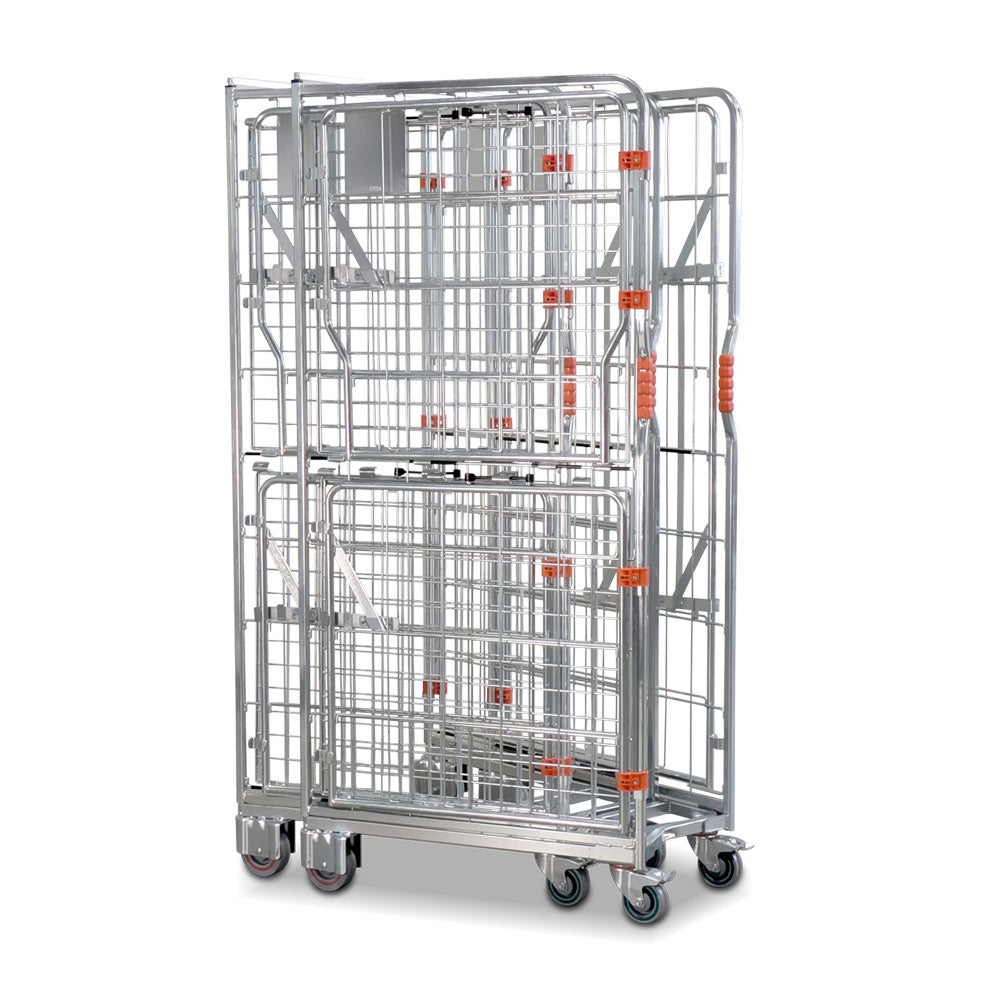 A base roll cage. 4 sided with base and mid shelves. Full height and split doors.