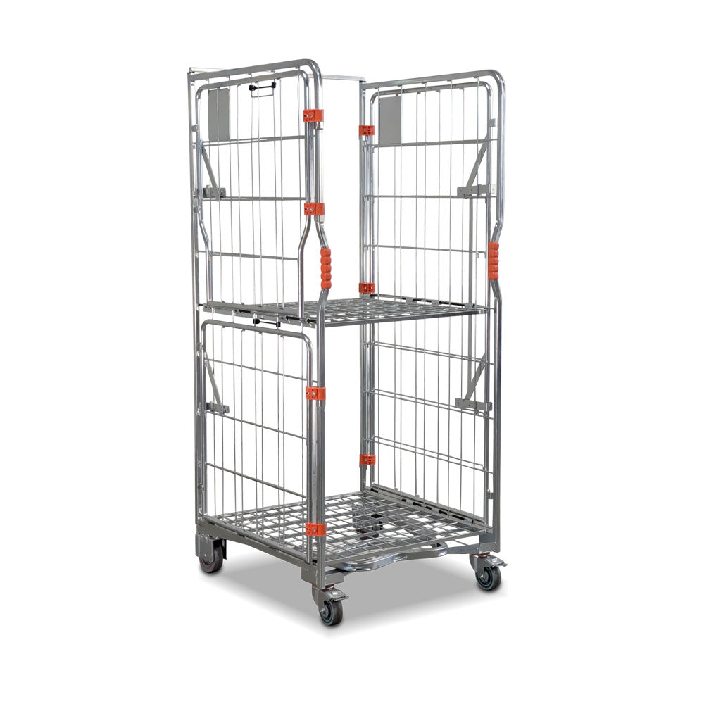 A base roll cage. 4 sided with base and mid shelves. Full height and split doors.