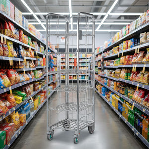 Narrow aisle ecommerce order picking and fulfilment roll cage trolley with 5 shelves. 710mm(L) x 480(W) x 1,735mm(H)