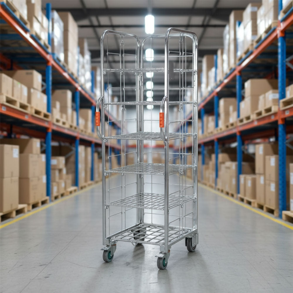 Narrow aisle ecommerce order picking and fulfilment roll cage trolley with 5 shelves. 710mm(L) x 480(W) x 1,735mm(H)
