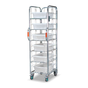 Narrow aisle ecommerce order picking and fulfilment roll cage trolley with 5 shelves and 6 totes. 710mm(L) x 480mm(W) x 1,735mm(H)