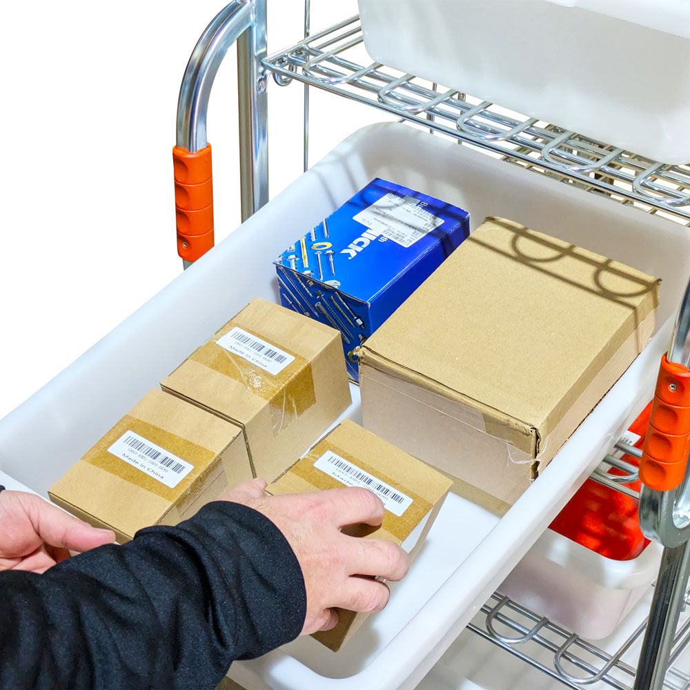 Narrow aisle ecommerce order picking and fulfilment roll cage trolley with 5 shelves and 6 totes. 710mm(L) x 480mm(W) x 1,735mm(H)